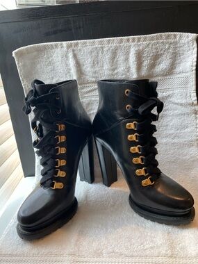 Alice + Olivia Black Lace-Up Platform Ankle Boots with Gold Hardware